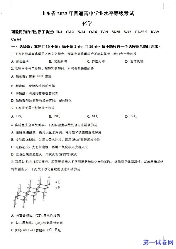 2023年高考山东卷化学真题(原卷版) 预览