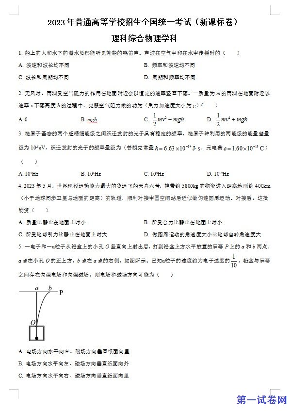 2023年高考新课标理综物理真题(原卷版) 预览
