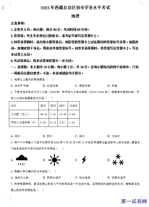 2023年西藏中考地理真题(原卷版) 预览