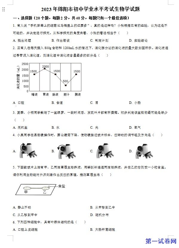 2023年四川省绵阳市中考生物真题(原卷版) 预览